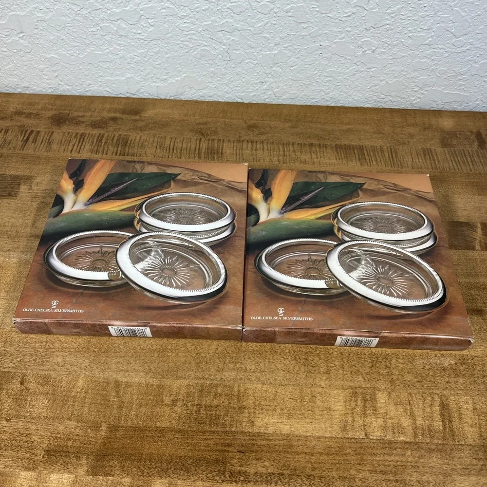 Olde Chelsea Silversmiths Silver plated Glass Coasters Set Of 8 Open Box - Read!